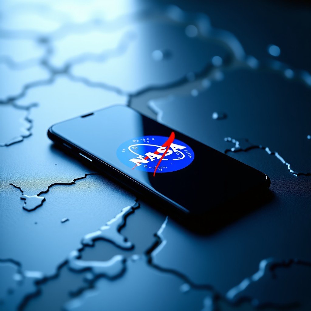 A conceptual image featuring the NASA logo and a modern high-end smartphone arranged artistically on a textured metallic surface that resembles a spacecraft hull. Subtle blue and white lighting. Clean and professional layout. 4:3
