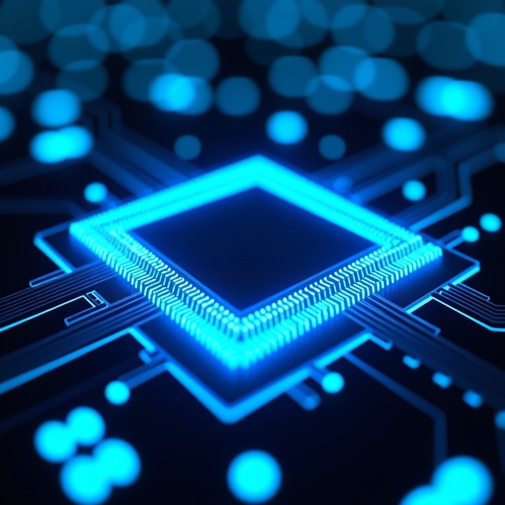 Close-up macro shot of a powerful semiconductor chip with glowing blue circuits, futuristic tech background, detailed electronic components, cinematic lighting, no text, 4:3