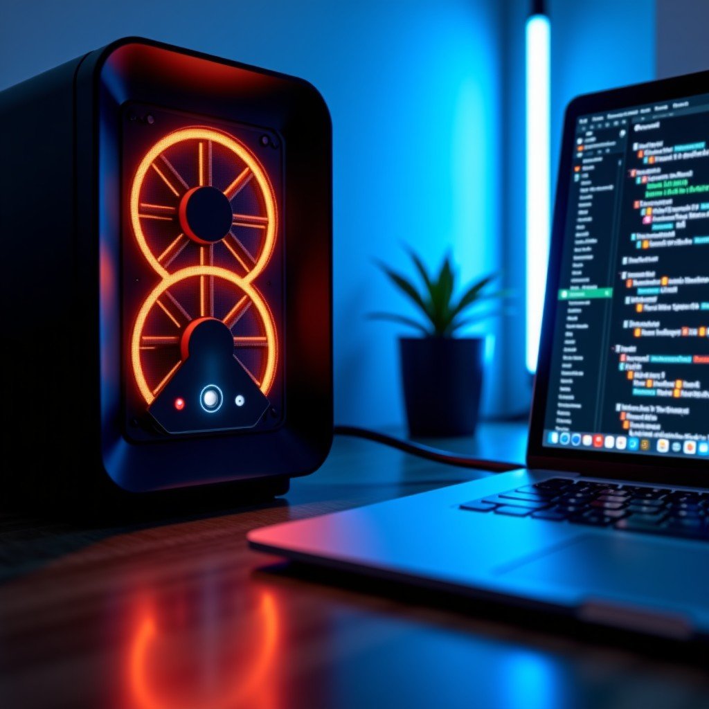 A close up of a modern NAS server with glowing LED lights and a high speed external SSD connected to a laptop, professional tech setup, 4:3