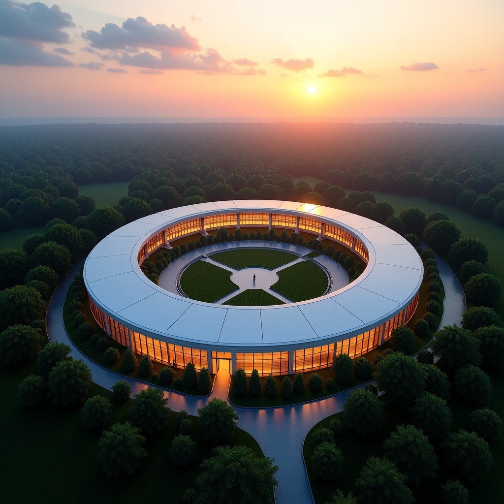 Aerial view of a modern circular corporate campus at sunset, architectural masterpiece, lush greenery surroundings, cinematic atmosphere, 4:3