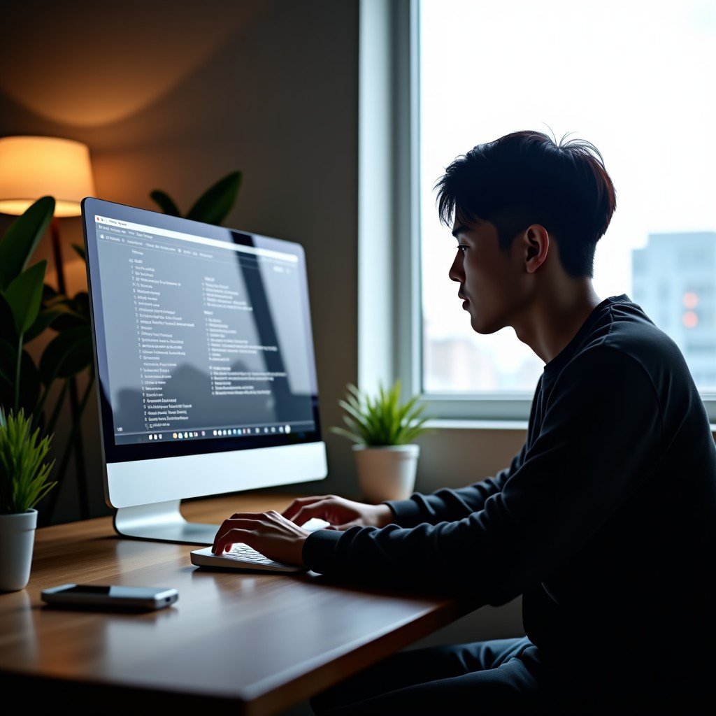 A Korean male content creator sitting at a desk with a high-end laptop, looking at a screen displaying automated video clip organization, natural daylight from a window, cinematic atmosphere, lifestyle photography, 1:1