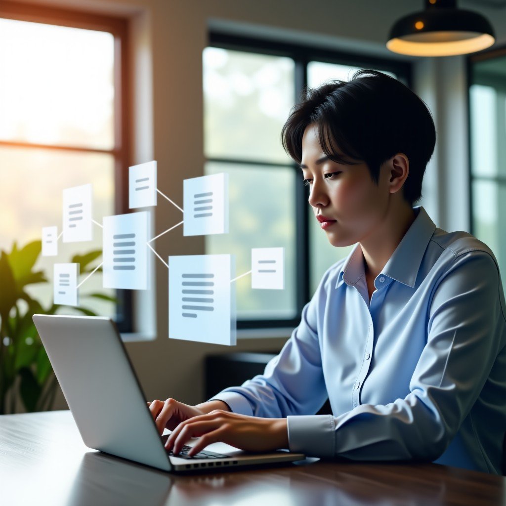 A Korean professional working on a laptop in a bright and modern office environment. Multiple floating digital windows showing document icons and connection symbols represent AI integration. Warm and natural lighting. 4:3