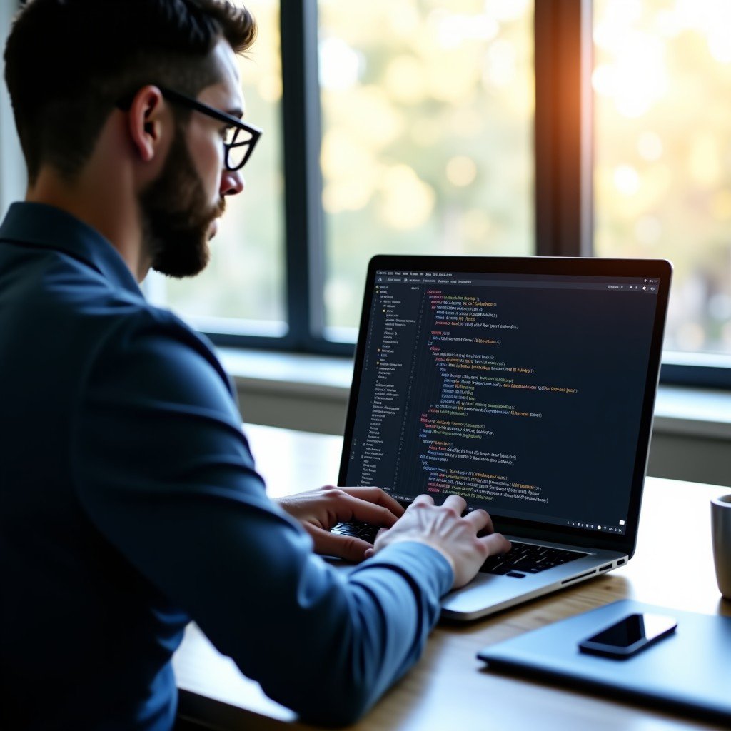 A professional developer working on a laptop in a modern office. On the screen, complex lines of code are displayed. The atmosphere is focused and productive, with natural sunlight coming through a window. Realistic style, 4:3