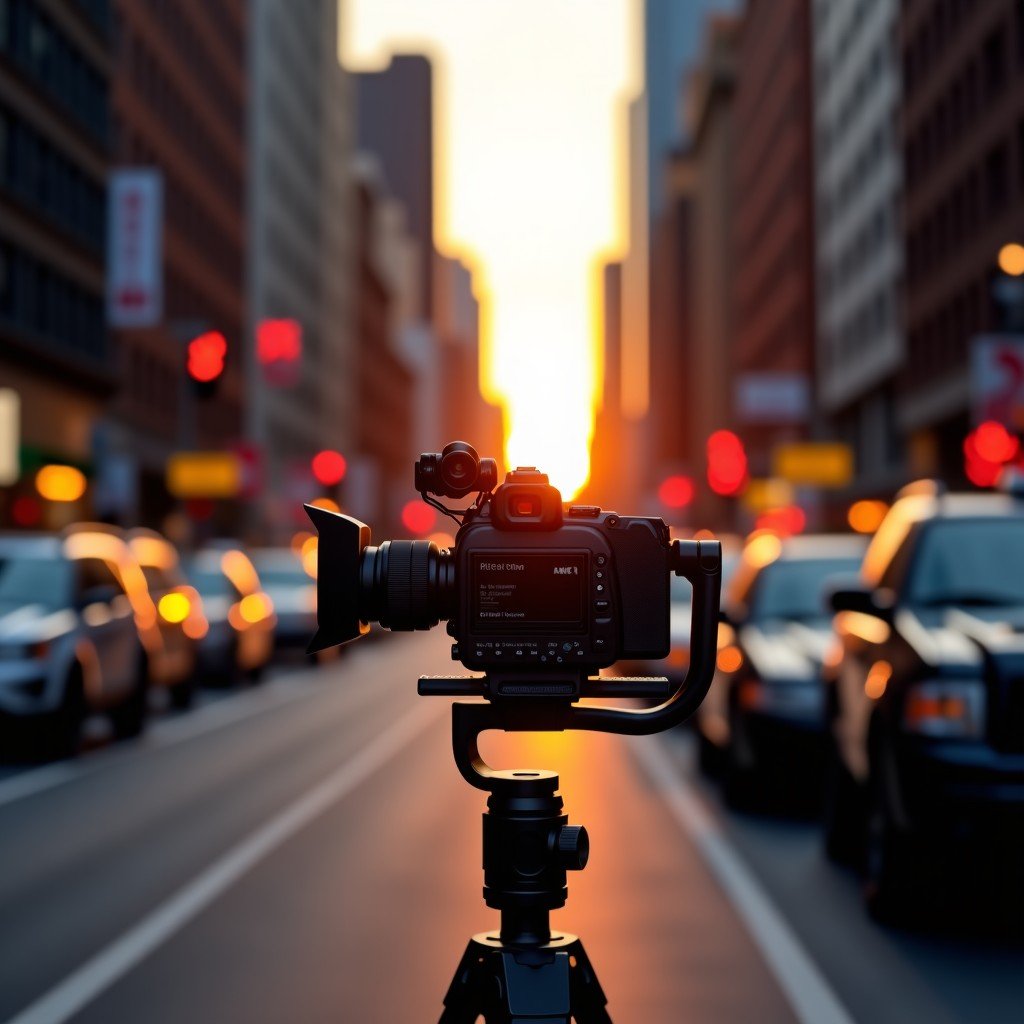 Professional film camera on a gimbal in a New York City street setting, cinematic lighting, sunset background, realistic texture, 4:3
