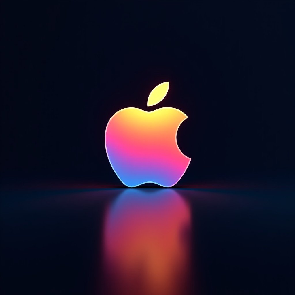 A sleek and modern digital invitation for an Apple Special Event in New York City. The design features a stylized apple logo with vibrant colors against a dark, sophisticated background. The atmosphere is professional and exciting, suggesting a major tech announcement. No text or Korean characters. 16:9