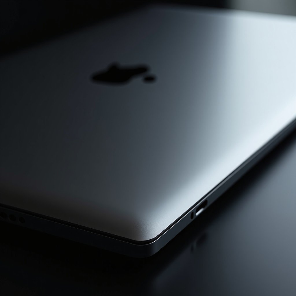 Close-up shots of a high-end laptop showing its thin profile and premium metallic finish in a studio lighting setup. 1:1