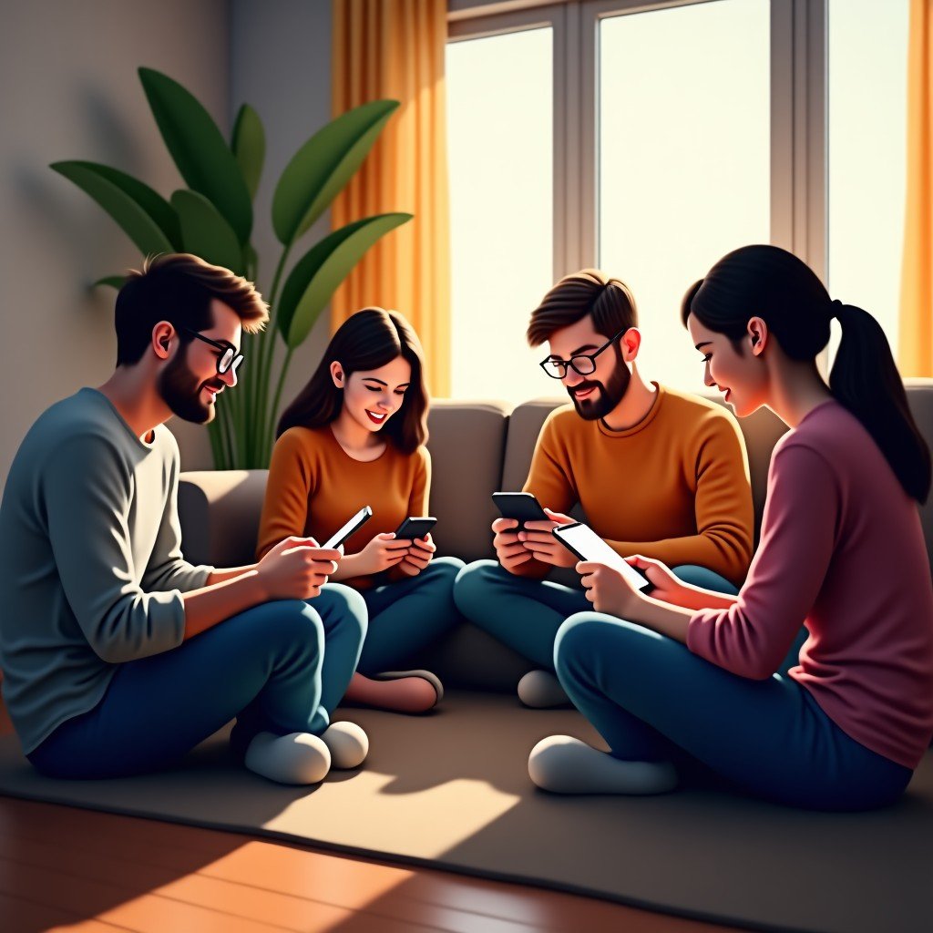 A group of diverse people in a modern living room playing games on iPhones and iPads together, natural sunlight, warm and casual atmosphere, 4:3