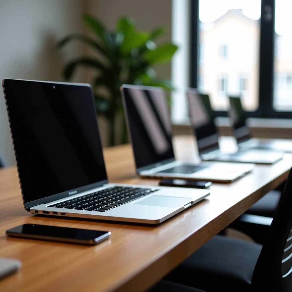 Multiple Apple laptops arranged neatly on a modern wooden desk, minimalist home office interior, soft lighting, professional composition, 1:1