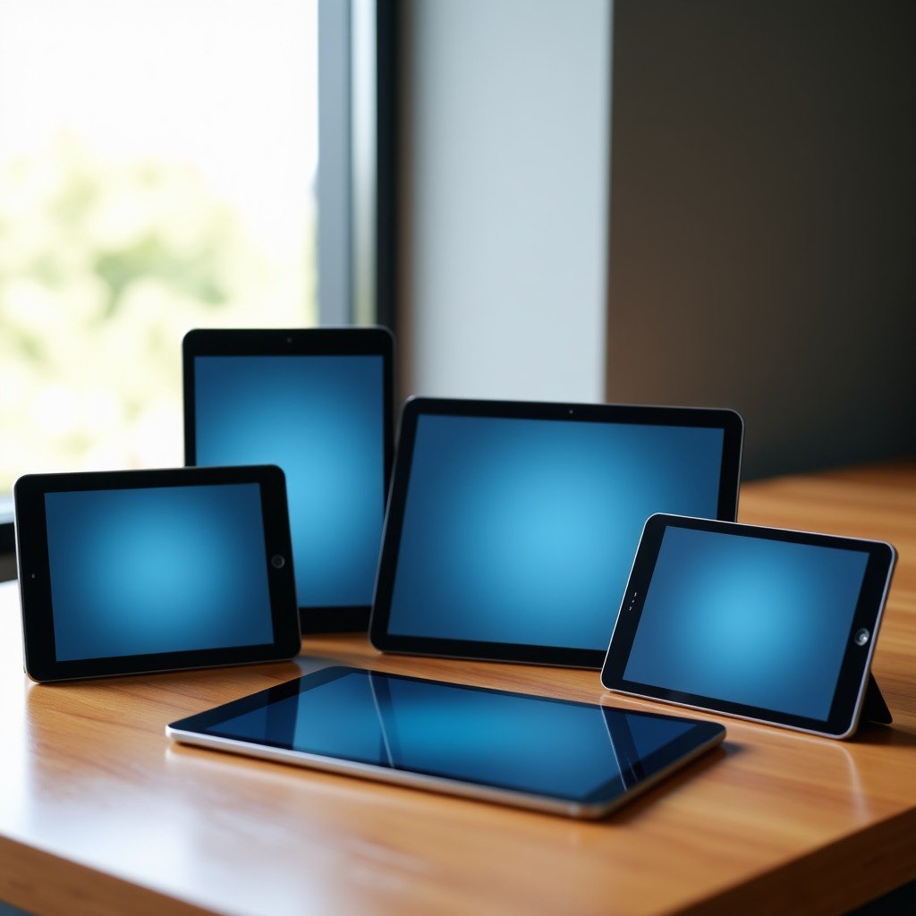 Various modern tablet devices with different screen sizes displayed on a clean wooden table, professional studio lighting, showing high-tech aesthetics, no visible text or logos. 4:3
