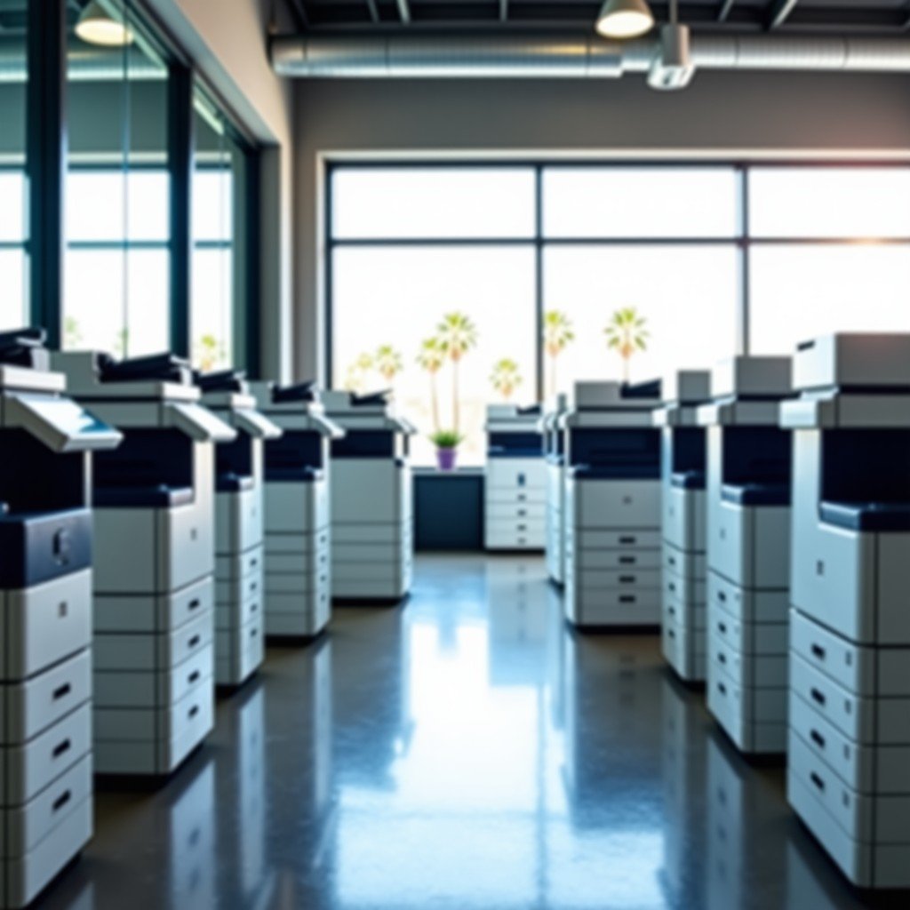 A collection of modern office multifunction printers from various top brands in a bright and professional showroom. 4:3