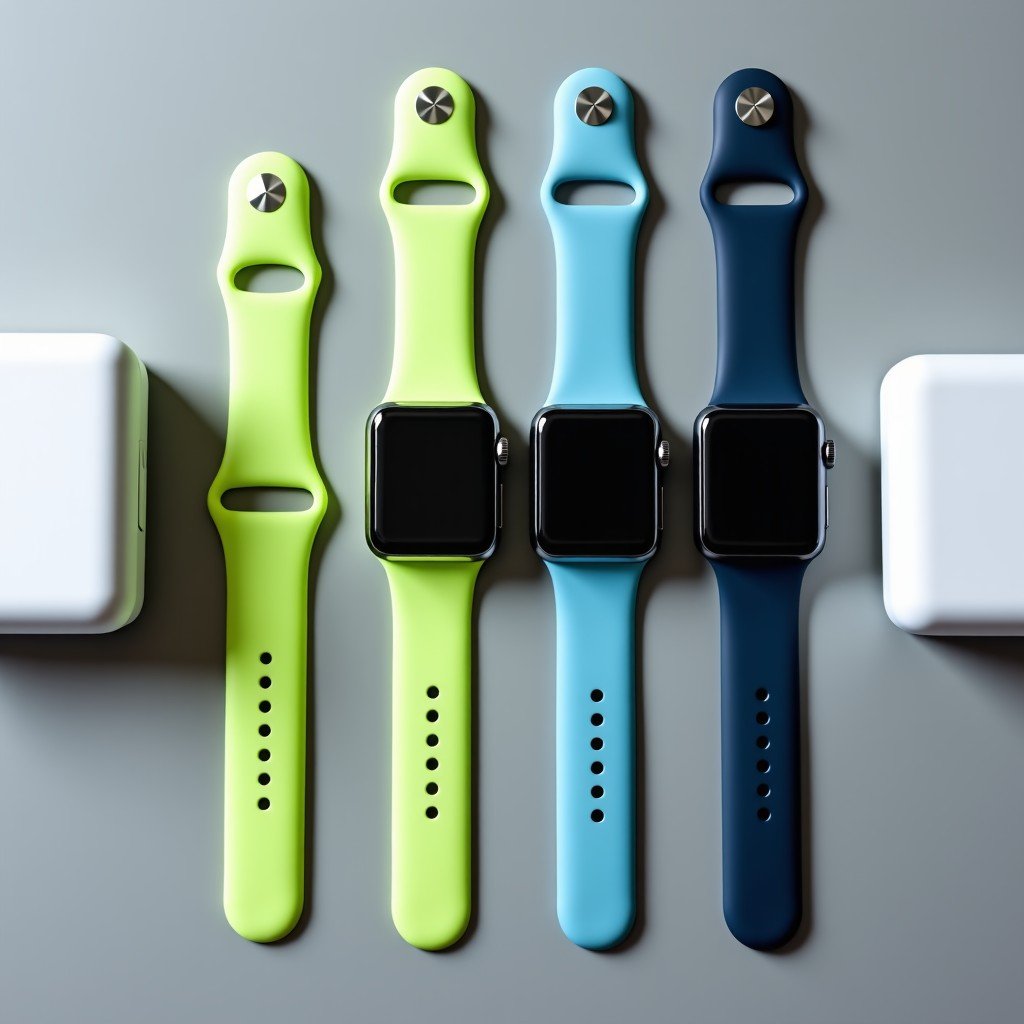 A flat lay of various Apple Watch bands in vibrant colors like neon green and anchor blue, arranged neatly next to a sleek white MagSafe charger on a minimalist grey desk. 4:3