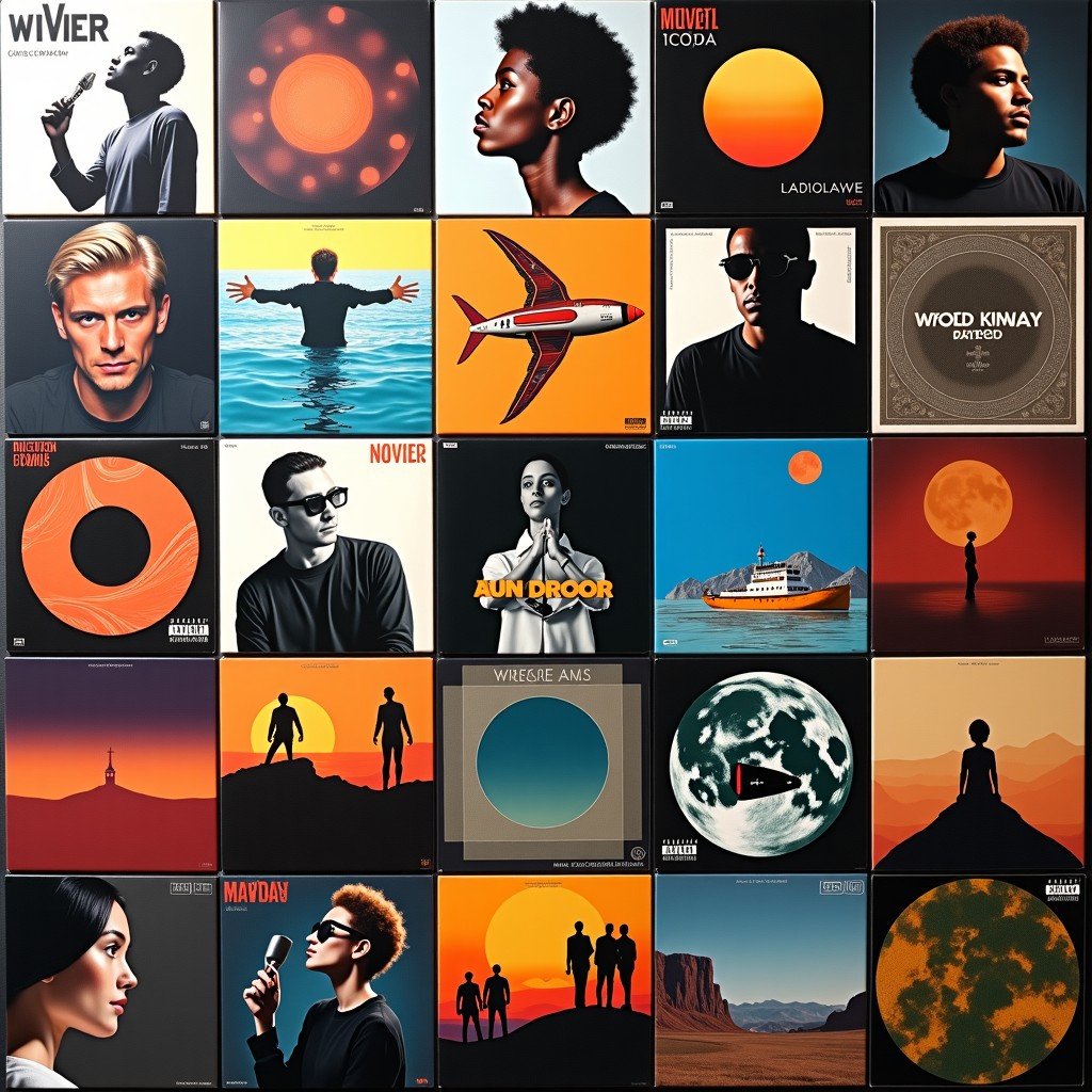 A collection of diverse and artistic music album covers arranged in a modern collage. Soft lighting and shadows to create depth. Vibrant colors without any readable text or letters. 4:3