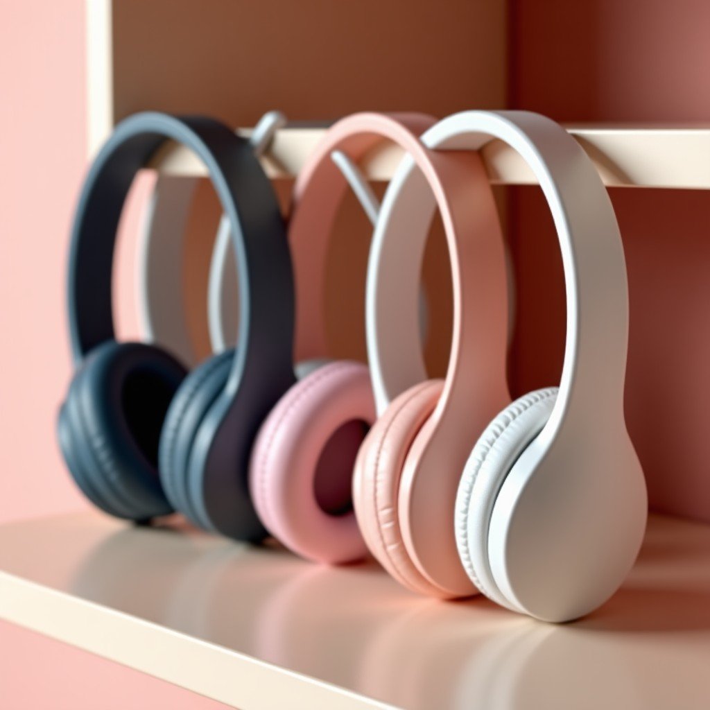 Close up shot of stylish over-ear headphones in various colors arranged neatly on a minimalist shelf, soft studio lighting, pastel tones, 4:3