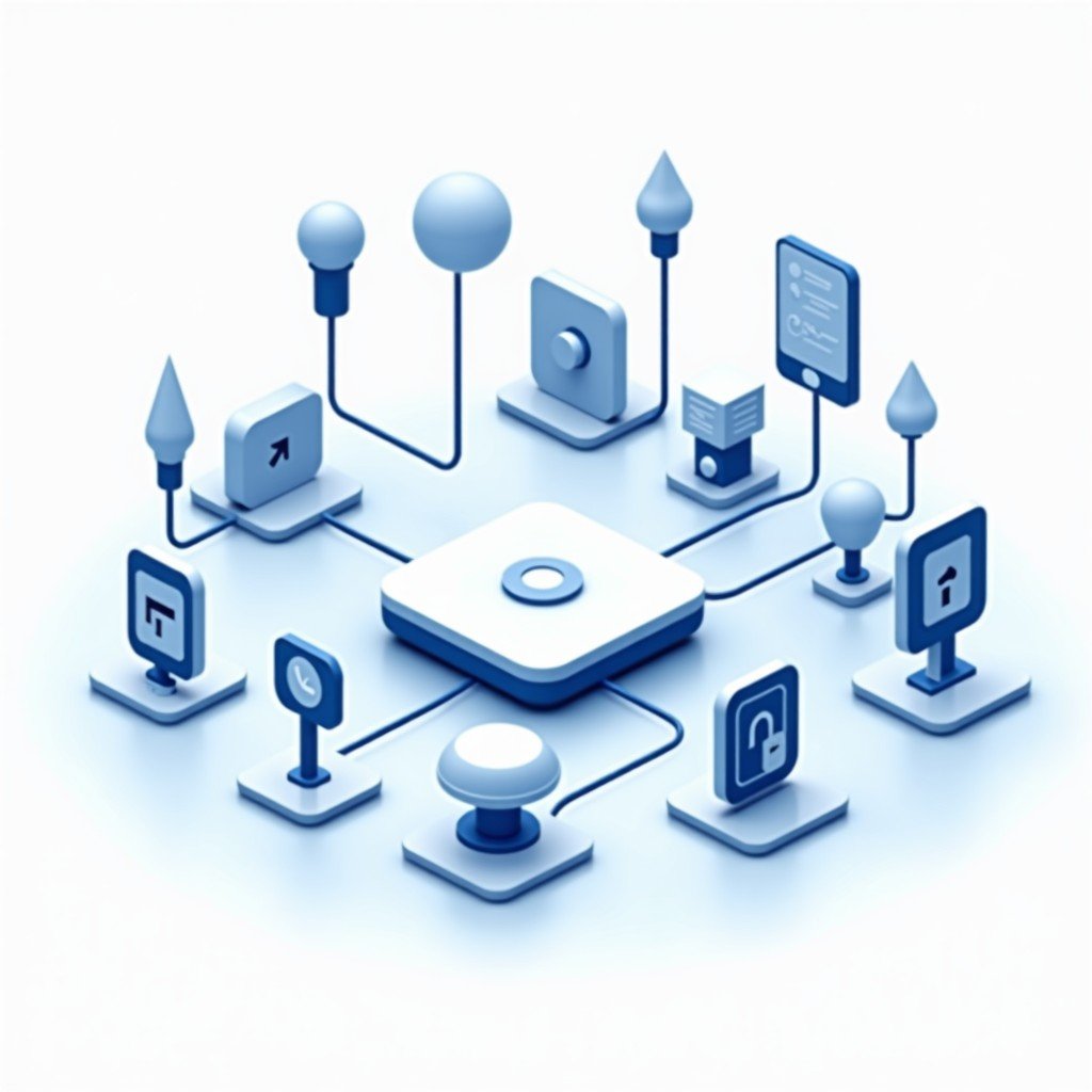 A conceptual illustration of a modern smart home ecosystem. Various icons representing lights, locks, and cameras are connected to a central square hub device. Soft blue and white color palette, professional tech illustration style. 4:3