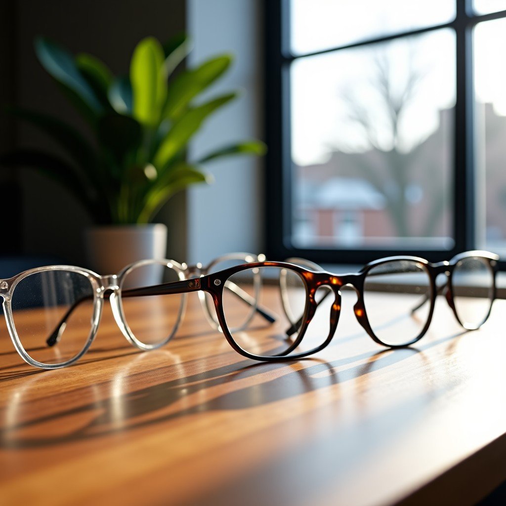 Multiple styles and colors of smart glass frames displayed on a wooden table, premium aesthetic, natural light through a window, 4:3