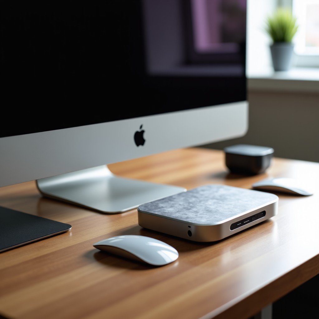 Multiple modern silver and space grey technology devices arranged neatly on a wooden desk, clean workspace, professional studio lighting, detailed composition, 4:3