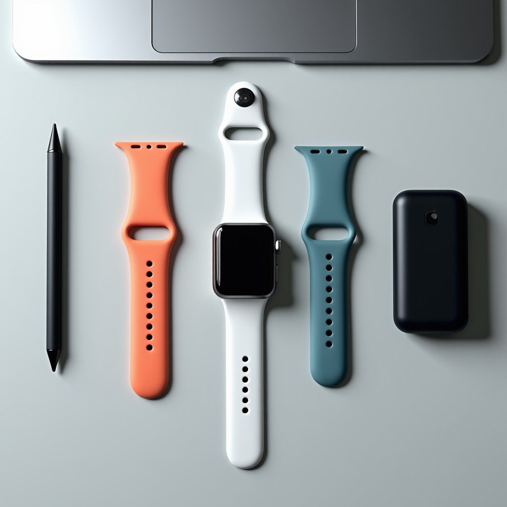 A collection of Apple accessories including a stylus pencil, colorful watch straps, and a slim power bank arranged neatly on a light gray desk. Top-down view, clean and bright lighting, modern tech lifestyle vibe. 4:3