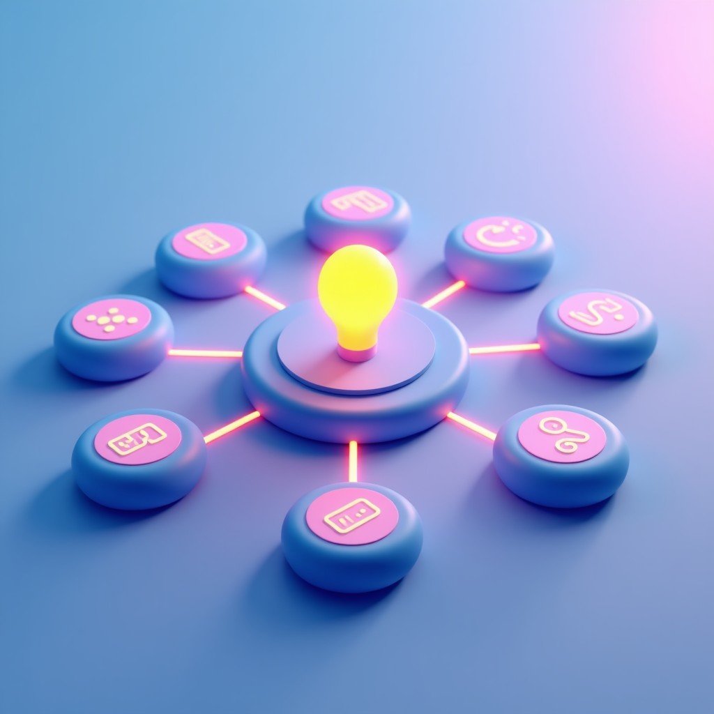 A modern and clean digital interface showing an AI assistant icon in the center connected by glowing lines to various productivity app icons like Notion, Slack, and Google Workspace. The background is a soft blue and purple gradient. High quality 3D render style. 4:3