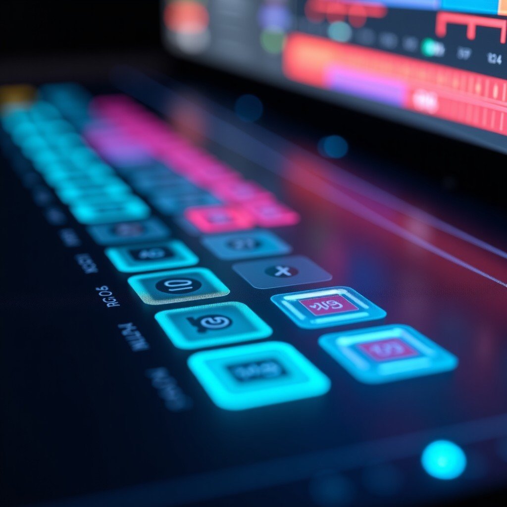 Close up of a video editing timeline on a computer screen, colorful video tracks, AI assist icons glowing, professional studio lighting reflected on the monitor, tech-oriented style, 4:3