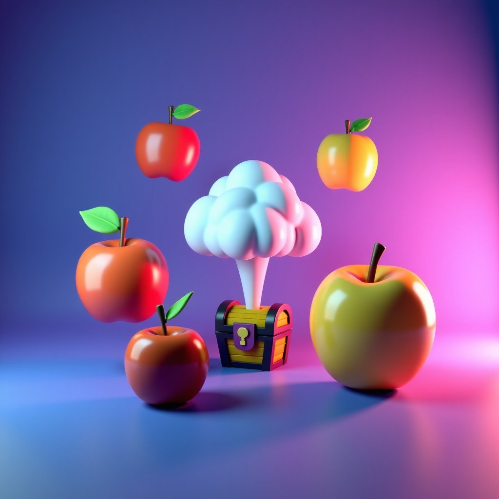 An artistic 3D rendering of various new emojis including a bitten apple core a treasure chest and a stylized cloud of smoke floating in a vibrant digital space. No text. High contrast with purple and blue lighting. 4:3