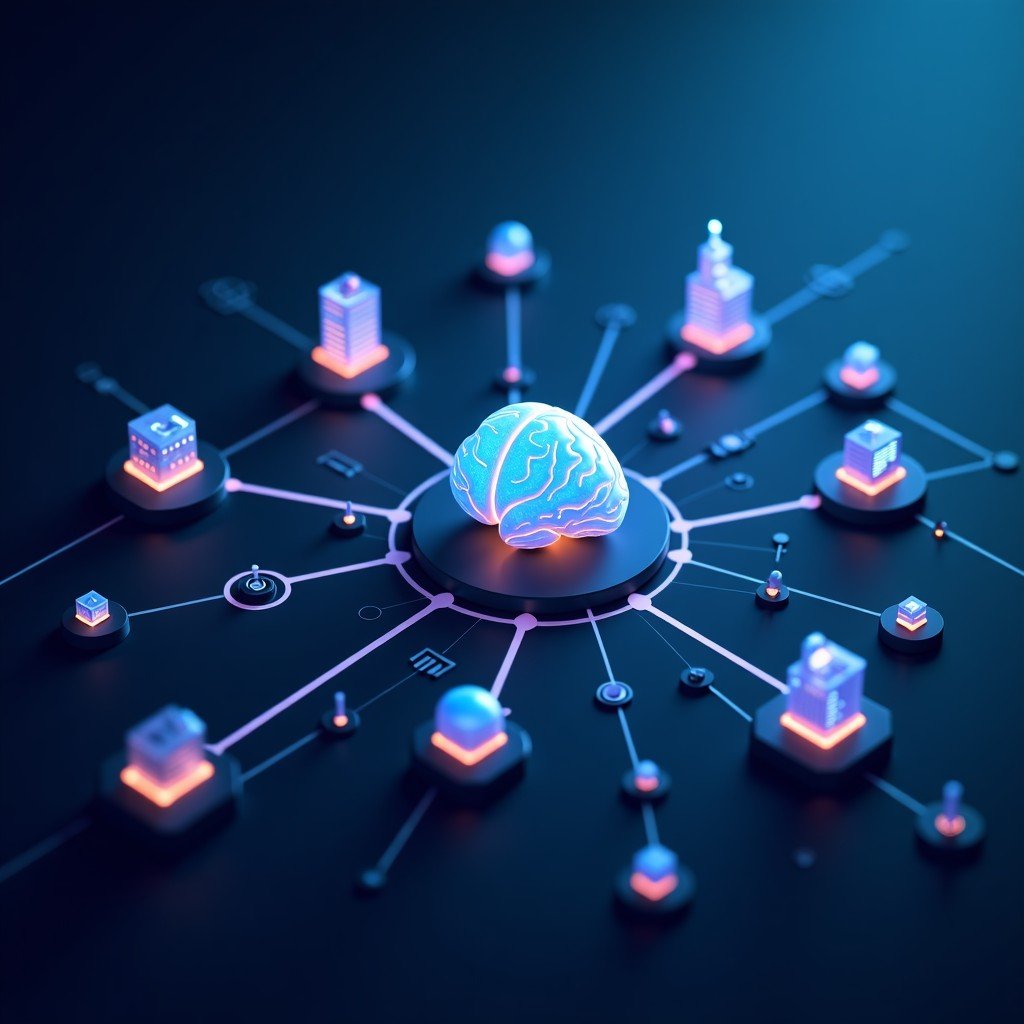 A conceptual digital illustration showing various glowing icons of brain, gears, and code nodes interconnected by light lines on a dark blue background, representing a multi-model AI network, high contrast, cinematic lighting, 4:3