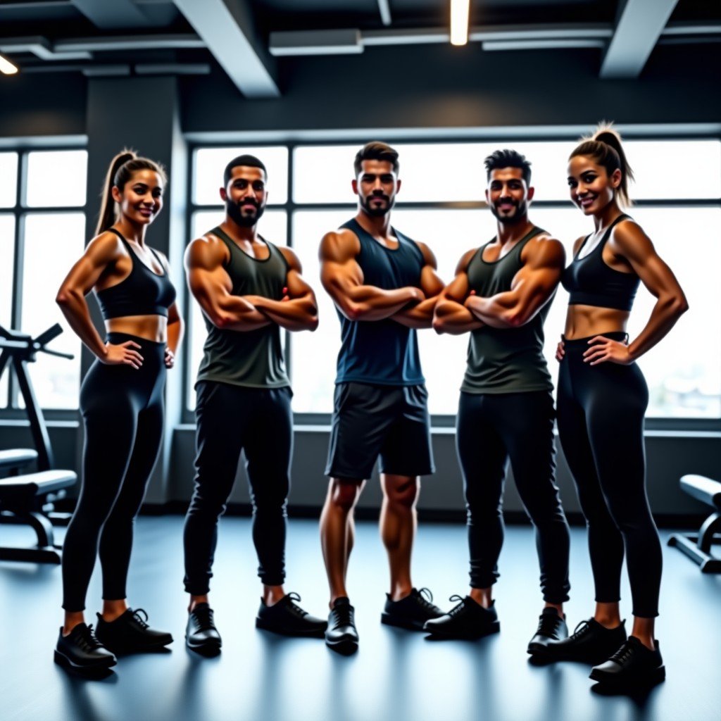 A group of professional fitness trainers of diverse backgrounds including a Korean trainer standing together in a high-tech gym studio. They are wearing stylish athletic gear and looking confident. 4:3