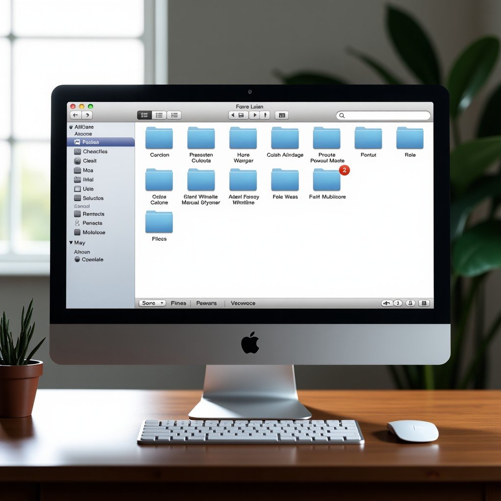 A realistic view of a macOS Finder window in column mode displayed on a high-resolution monitor. Clean and organized file structure. Modern workplace background. 4:3