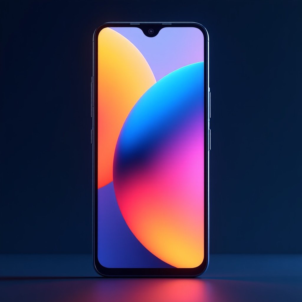 Front view of a futuristic smartphone with a very small centered pill-shaped cutout at the top of a vibrant OLED screen. The screen shows colorful abstract wallpaper and thin symmetrical bezels. 4:3