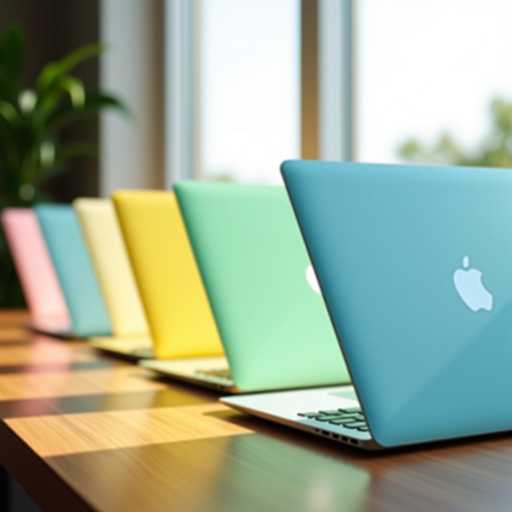 A row of thin and light laptops in vibrant colors like pastel yellow, mint green, and sky blue arranged neatly on a wooden desk. Natural daylight coming from a window. 4:3
