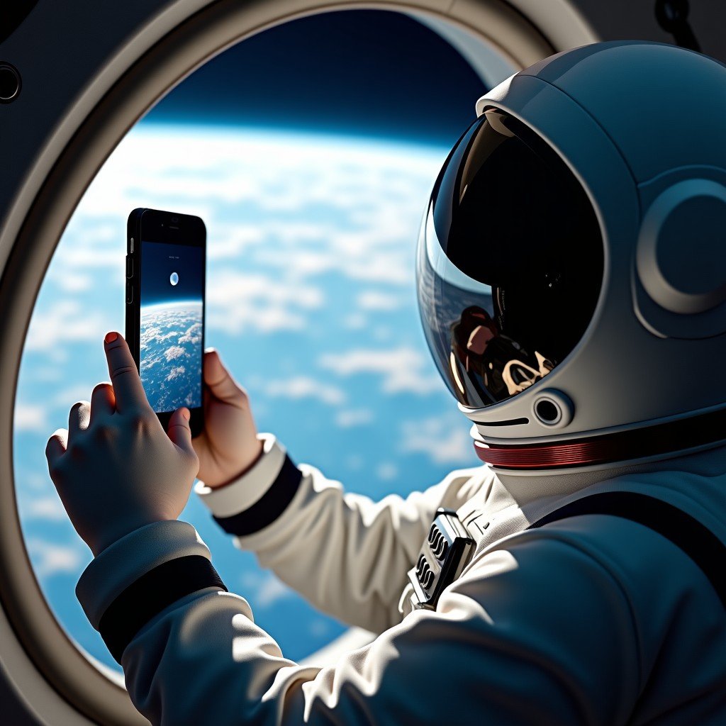 A Korean astronaut in a sleek spacesuit holding a smartphone to capture a photo of the lunar surface through a spacecraft window, earth reflected in the glass, realistic photography style, 4:3