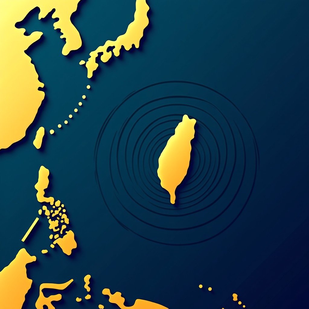 A conceptual map illustration showing the island of Taiwan surrounded by strategic maritime lines in the Pacific Ocean, dark blue and gold color palette, digital art style, 4:3