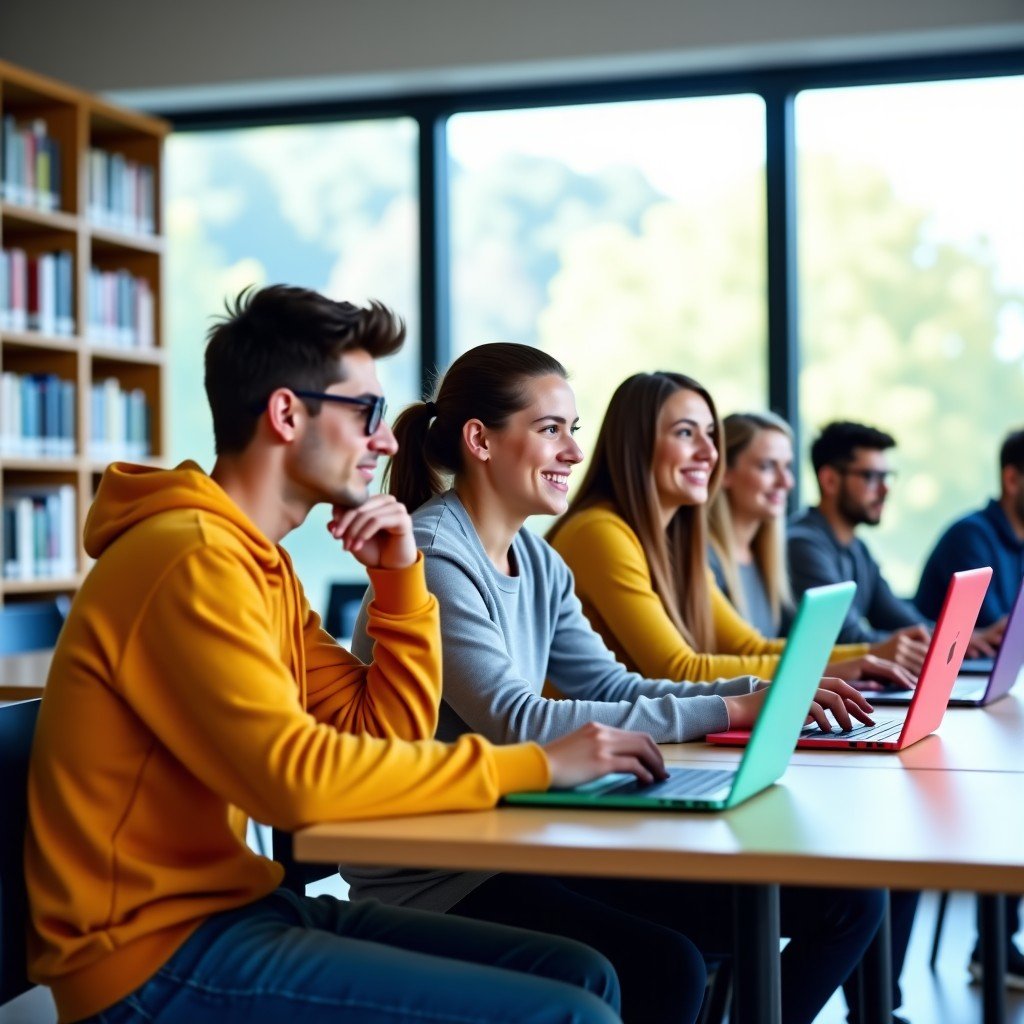 Young students sitting in a modern university library using colorful laptops, natural sunlight through large windows, lifestyle photography, 4:3