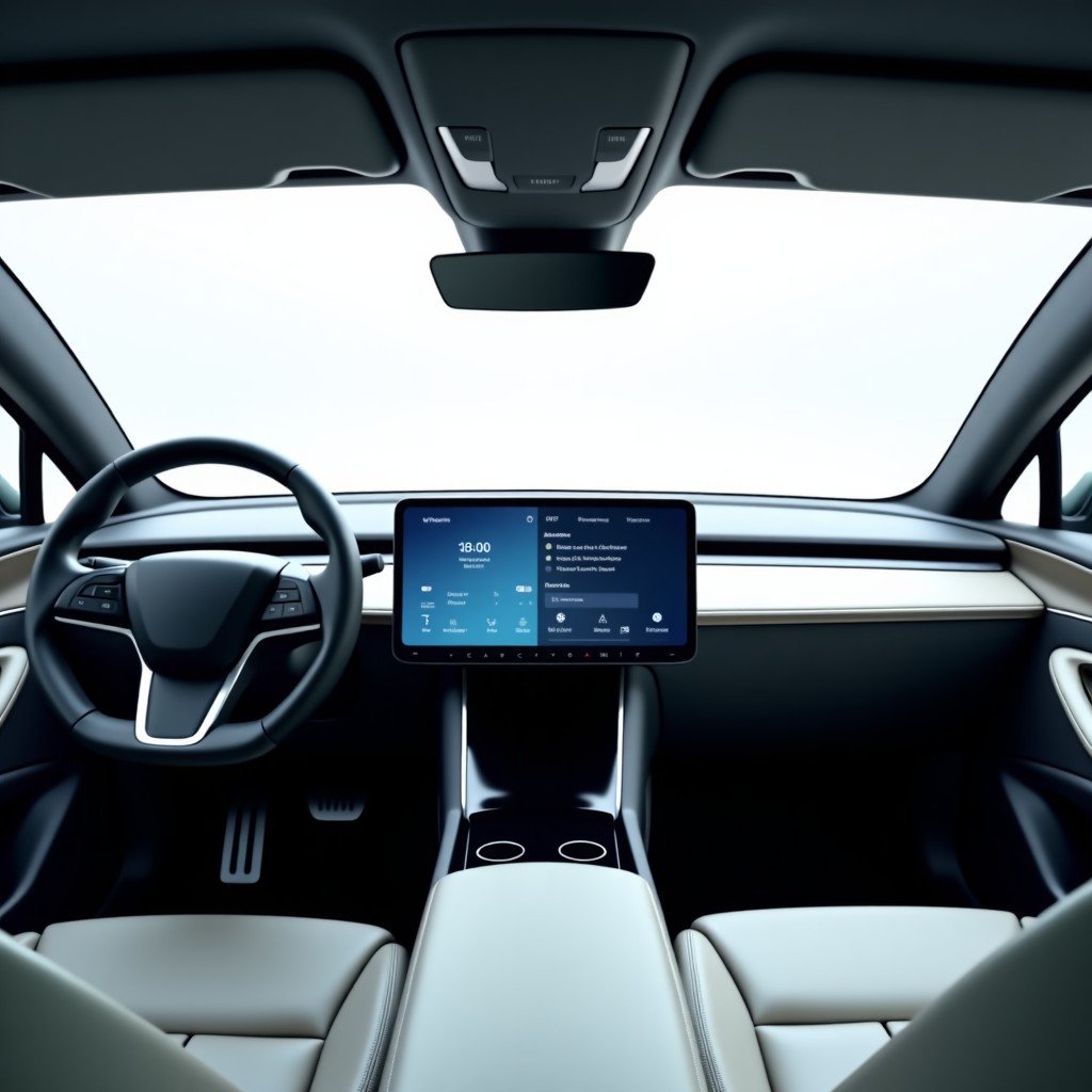 The interior of a luxury electric vehicle featuring a panoramic touchscreen dashboard. The cabin is spacious and modern with premium materials. Bright balanced lighting, wide viewing angle, 4:3 aspect ratio.