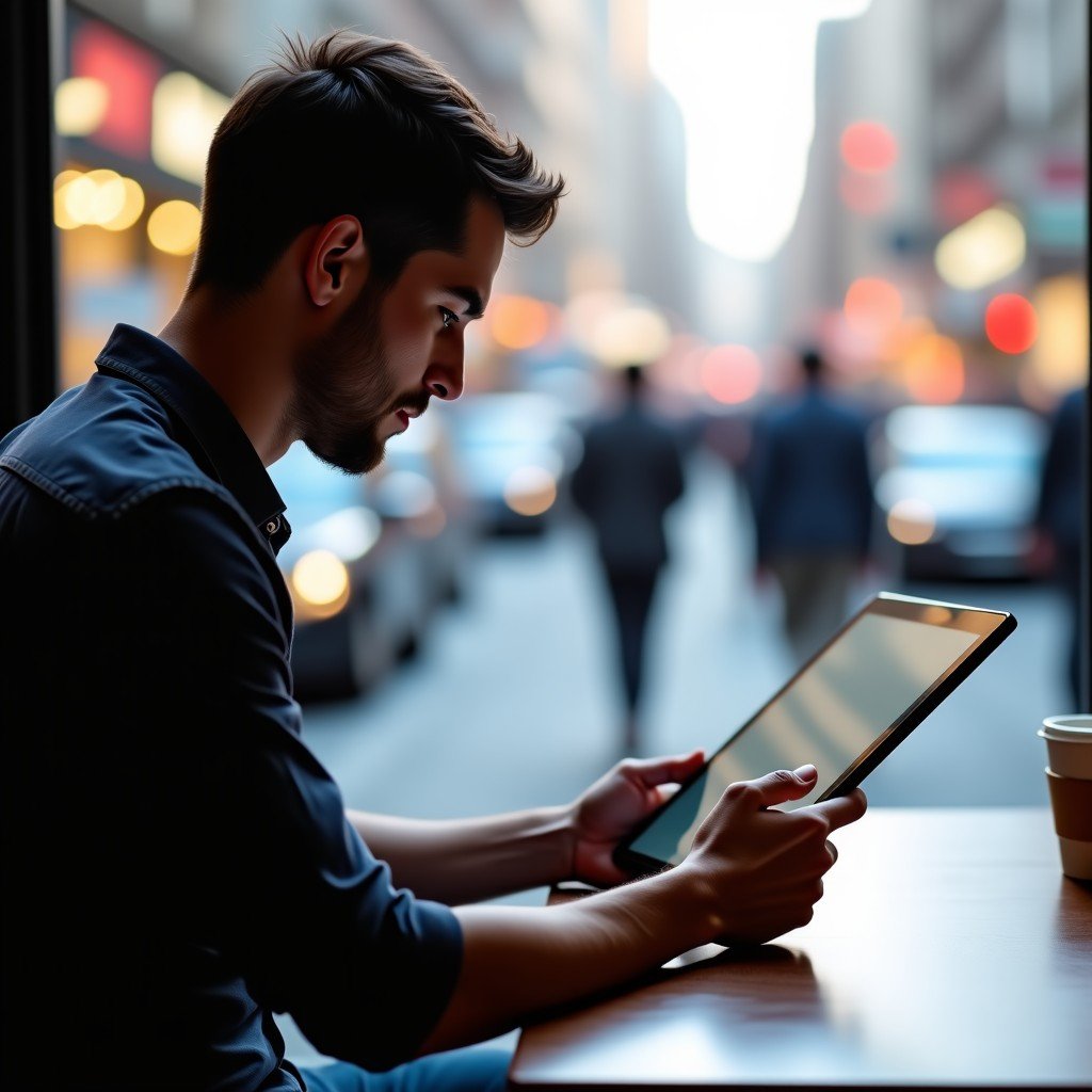 A young professional using a large foldable mobile device in a modern urban cafe, focus on the hands interacting with the expansive screen, blurred background of a busy street. 4:3