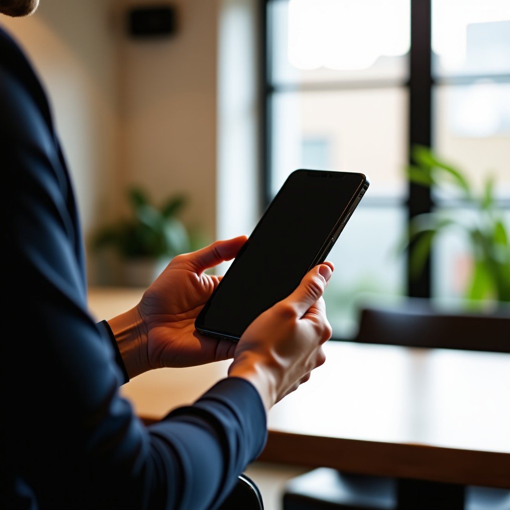 A person holding a large screen foldable smartphone in a modern cafe, natural sunlight from a window, lifestyle photography, clean composition, 4:3