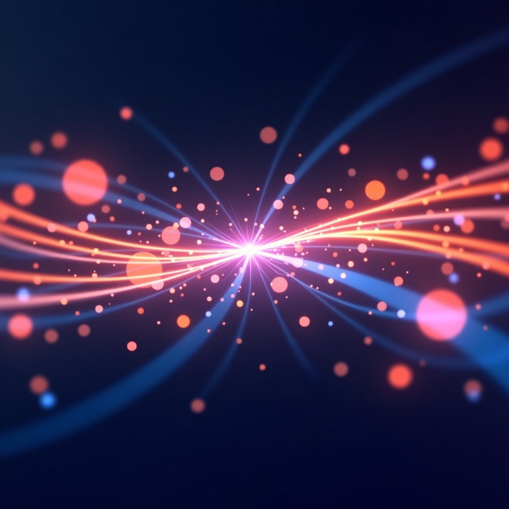 An abstract digital illustration representing data flowing and synchronization with glowing lines and soft circles. Modern and professional design. 4:3