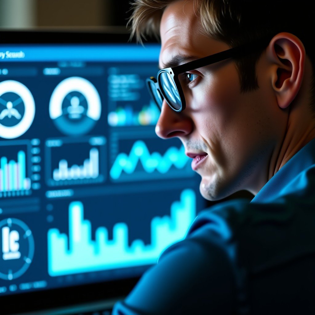 Close-up of a professional IT security expert wearing glasses, focused on a laptop screen with data visualizations reflecting on the lenses, natural office lighting, 4:3