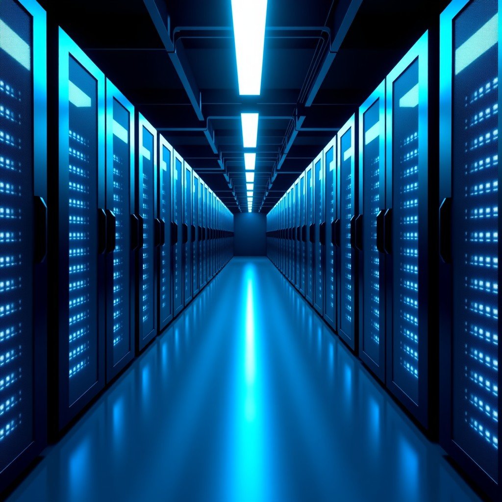 Vast data center with rows of glowing servers, blue led lights, perspective view, tech infrastructure, hyper-realistic, high contrast, cinematic atmosphere. 16:9