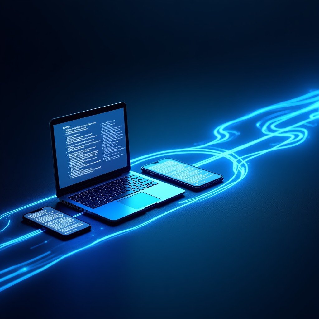 Conceptual illustration showing fast data flow and synchronization between a laptop, tablet, and smartphone. Dynamic blue and white light trails on a dark textured background. 1:1