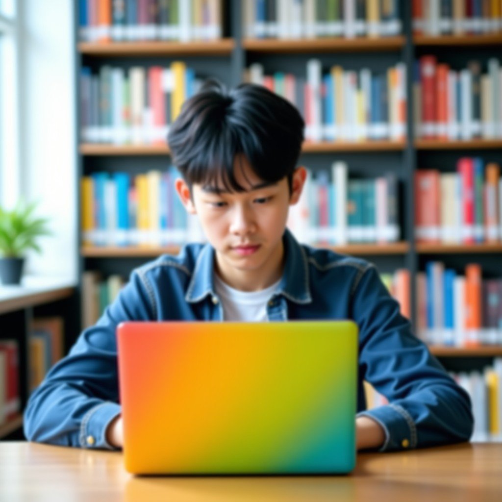 A young Korean student focusing on a slim colorful laptop in a modern bright library, natural lighting, lifestyle photography, 4:3