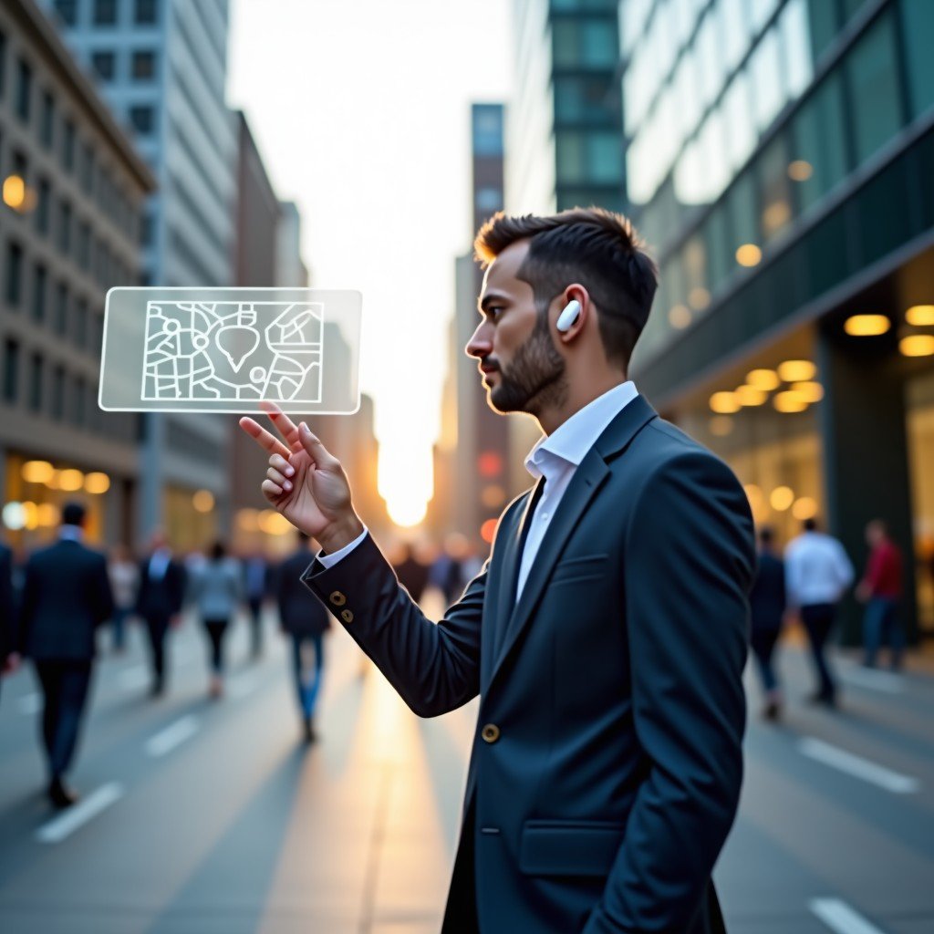 A professional person wearing white earbuds walking in a modern city, looking at a digital map overlay floating in the air, natural sunlight, lifestyle photography, 4:3