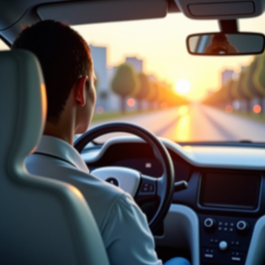 A professional driver in a white electric car traveling through a modern city at sunrise, soft warm lighting, feeling of innovation and comfort, 4:3