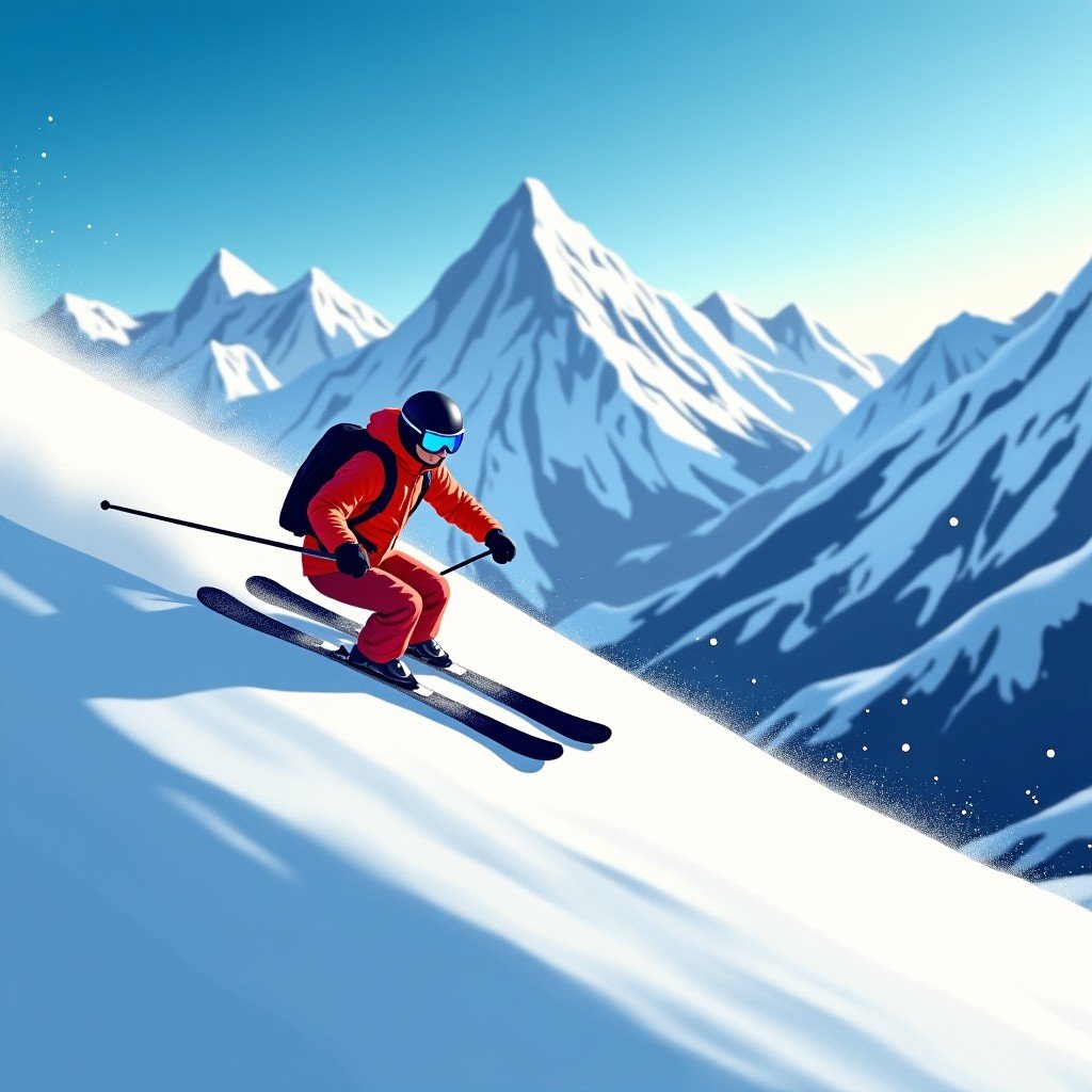 An action shot of a winter sports athlete competing on a snowy mountain slope. The background features majestic snow-capped peaks and a clear blue sky. The image conveys speed, precision, and the spirit of the Olympics. 4:3