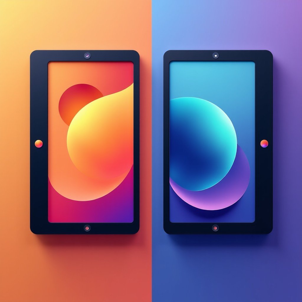 Side by side comparison visualization of two tablets. One side showing simple apps and the other side showing complex AI processing and creative tools. Modern conceptual layout, vibrant colors, 4:3