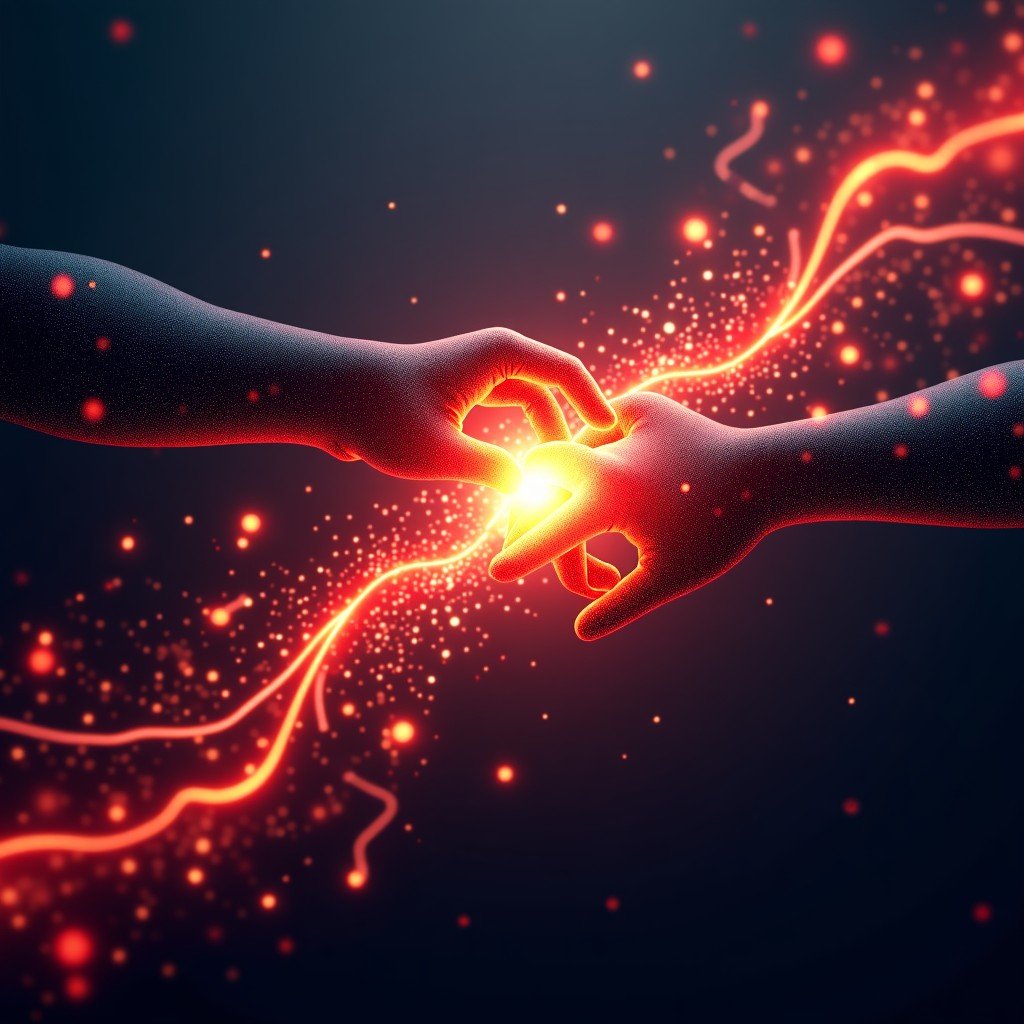 An artistic rendering symbolizing a powerful partnership between two technology giants. Two glowing streams of digital data, one red and one black, intertwining and merging into a core of musical notes and sound waves. Vibrant and textured background with a futuristic feel. 4:3