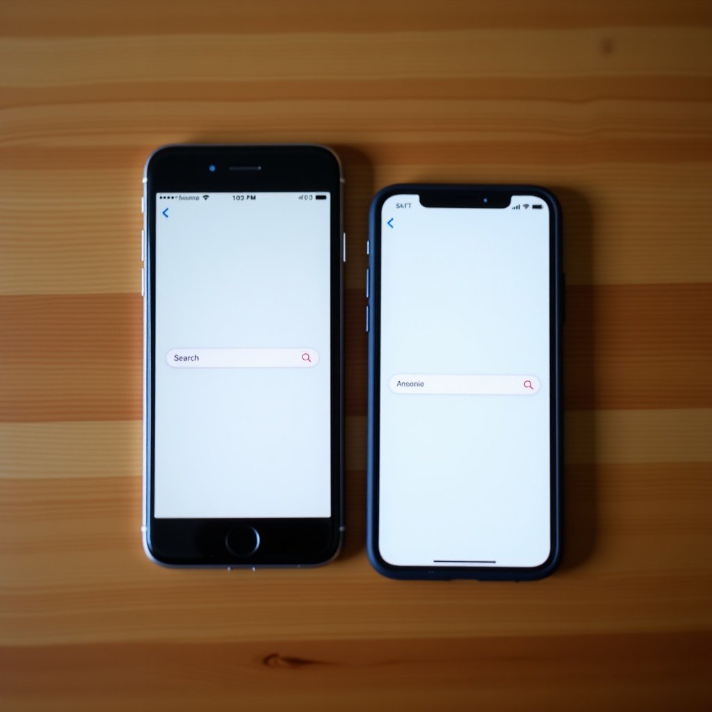 Two different smartphones lying side by side on a wooden desk showing similar search interfaces. One represents Android and the other iOS style. Professional lifestyle photography. 4:3