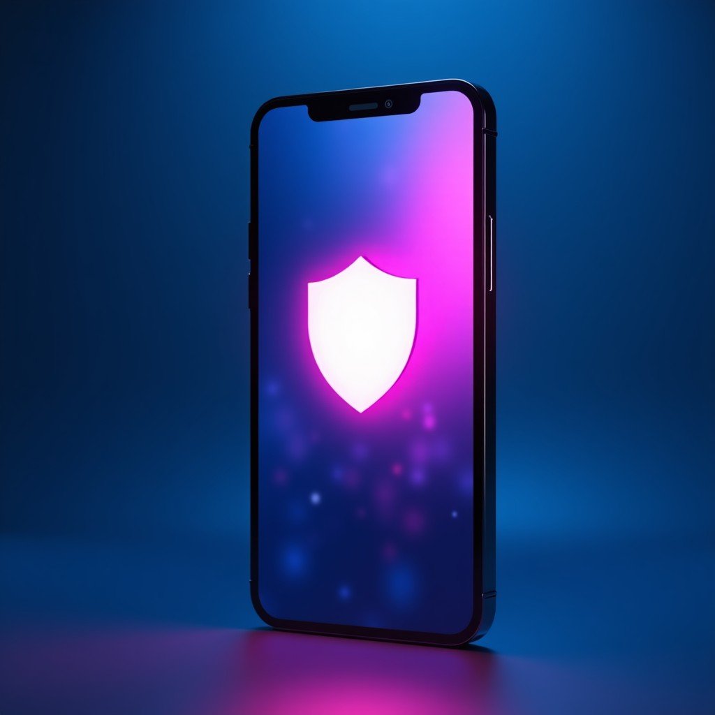 A modern smartphone screen showing a generic chat interface with a digital shield icon over it, blue and purple neon aesthetic, cinematic lighting, high quality, 4:3