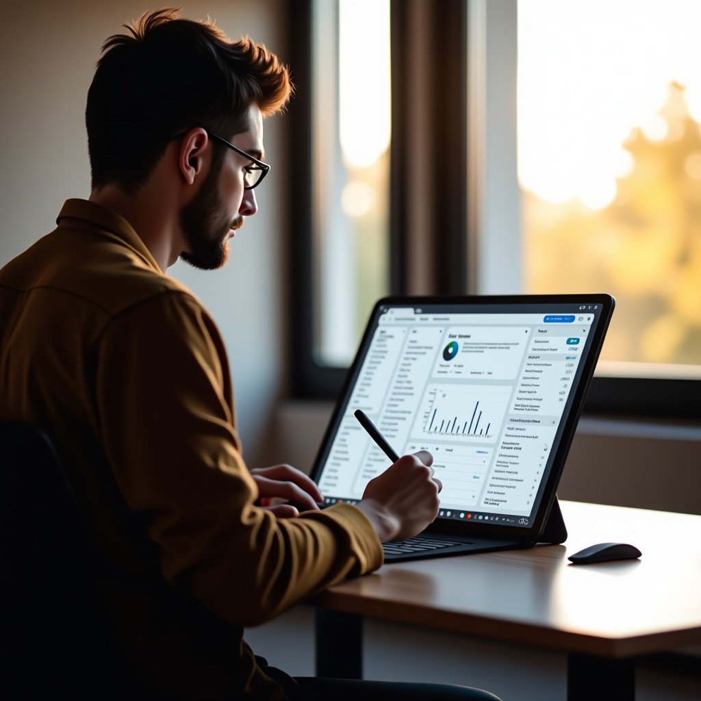 A professional designer sitting at a minimalist desk with a large tablet, using a stylus to sketch UI improvements on a screen, warm natural lighting, modern office interior, 4:3