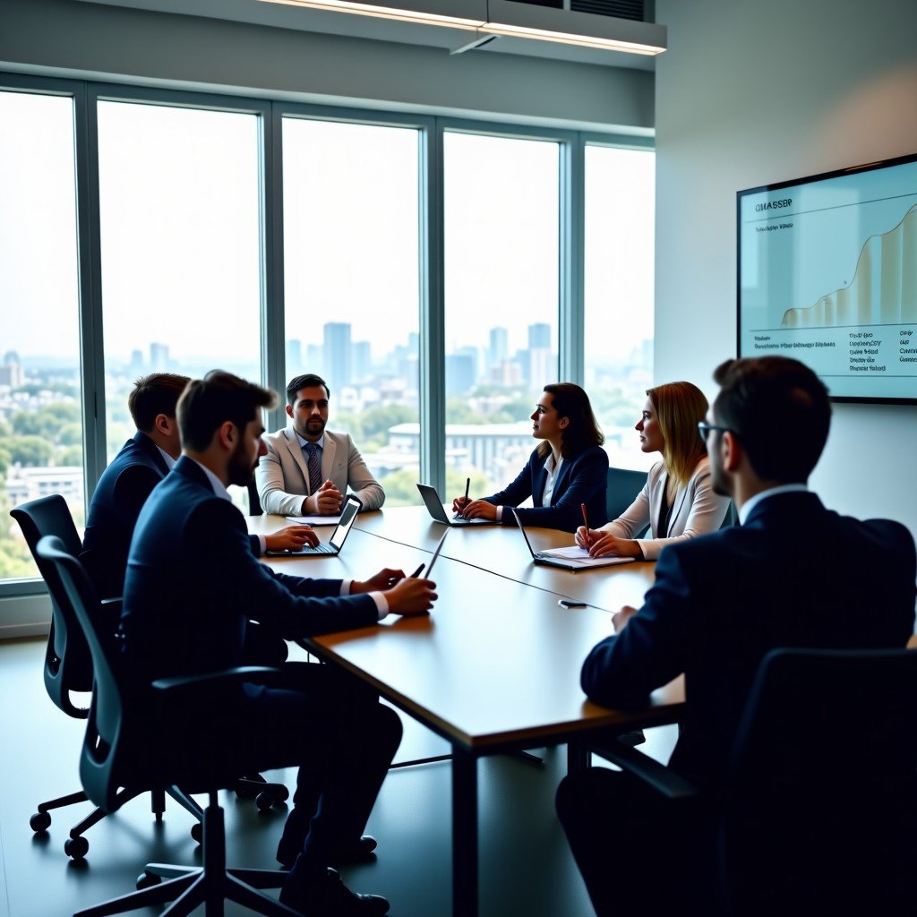 A professional meeting room where diverse experts are discussing digital health standards. Professional attire, modern office interior with large windows, focused and collaborative atmosphere, clean composition, 4:3