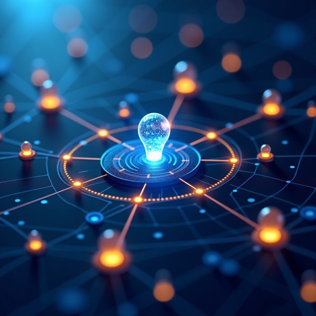 A conceptual illustration showing digital information flow and subtle glowing nodes representing advertisements merging into a network. High contrast, modern infographic style with blue and gold tones. No text or symbols that look like letters. 4:3